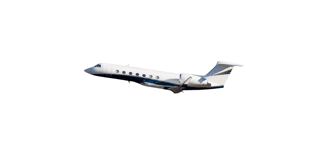 A white and blue private jet, possibly a Gulfstream, in flight against a dark background.