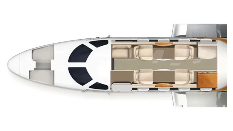 An overhead diagram showing the cabin layout of a private jet with seating for six passengers.
