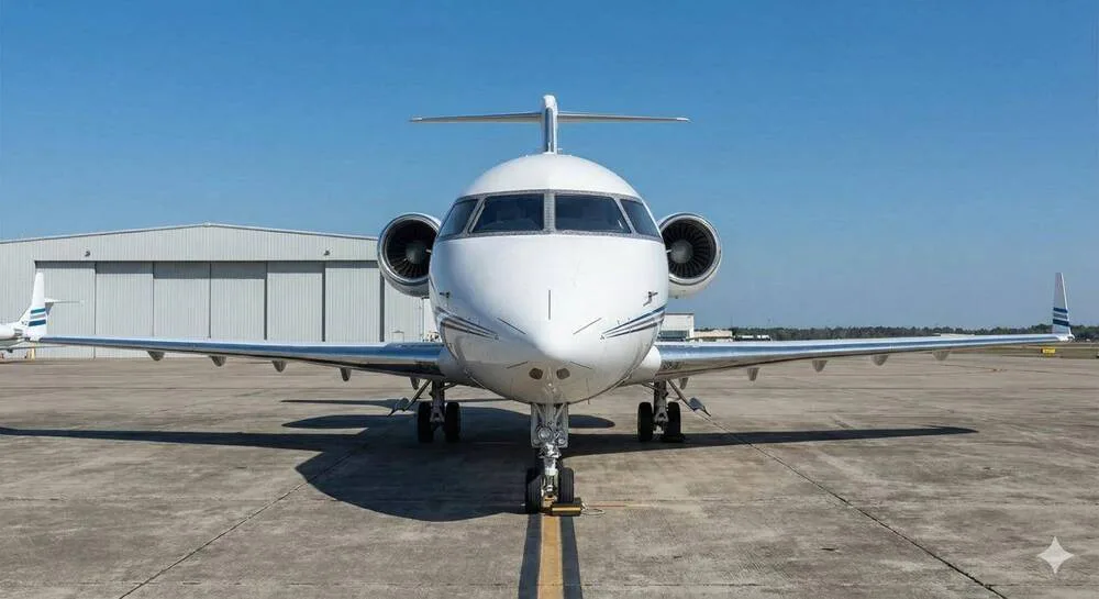Frontal view of a white business jet with blue and grey stripes parked in front of a hangar.