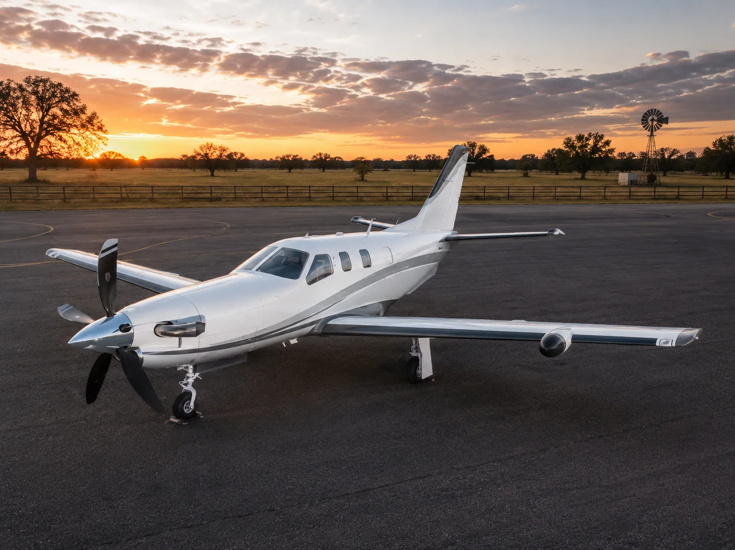 A white single-engine turboprop aircraft with grey stripes is parked on an asphalt runway at sunset, with trees and a windmill in the background.