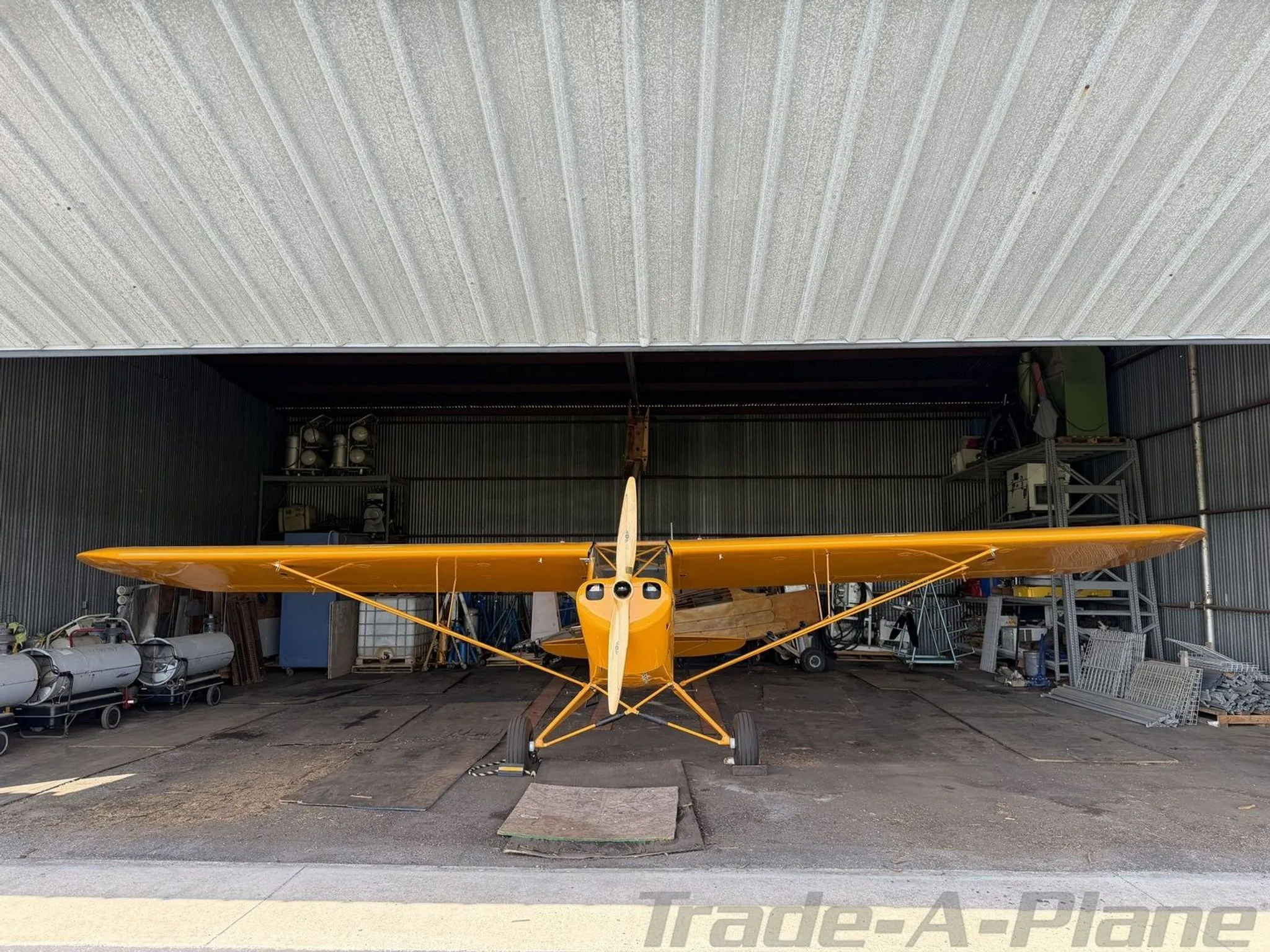 Front view of a yellow American Legend Cub aircraft inside a hangar.