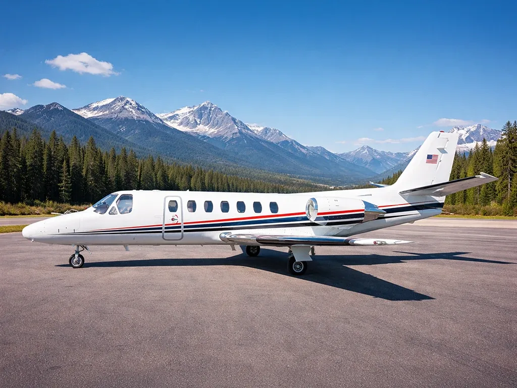 A white business jet with red and blue stripes on the fuselage, parked on an airfield with snow-capped mountains and pine trees in the background.