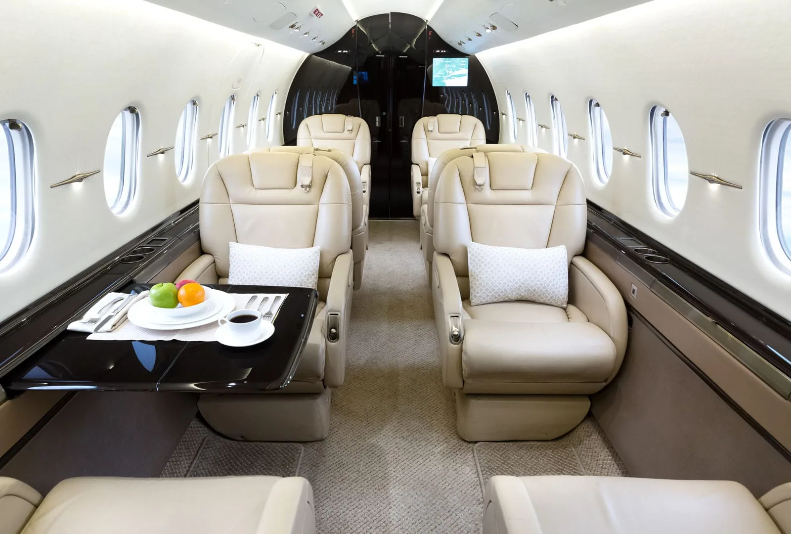 The spacious interior of a private jet featuring multiple beige leather seats, a set table with fruit, and oval windows along the cabin.