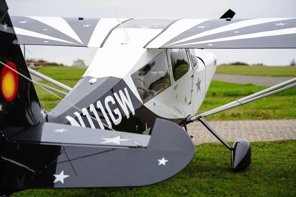 A close-up of the tail and wing of a white and black high-wing monoplane with star decals, registered N111GW, on a grassy field.