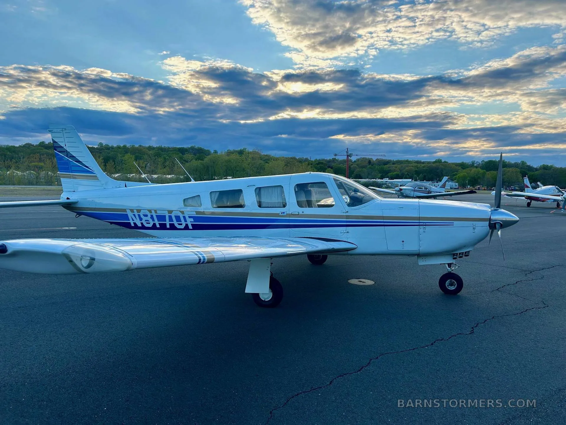 A white single-engine propeller aircraft with blue and gold stripes and tail number N8170F, viewed from the right side, on an asphalt tarmac at sunset.