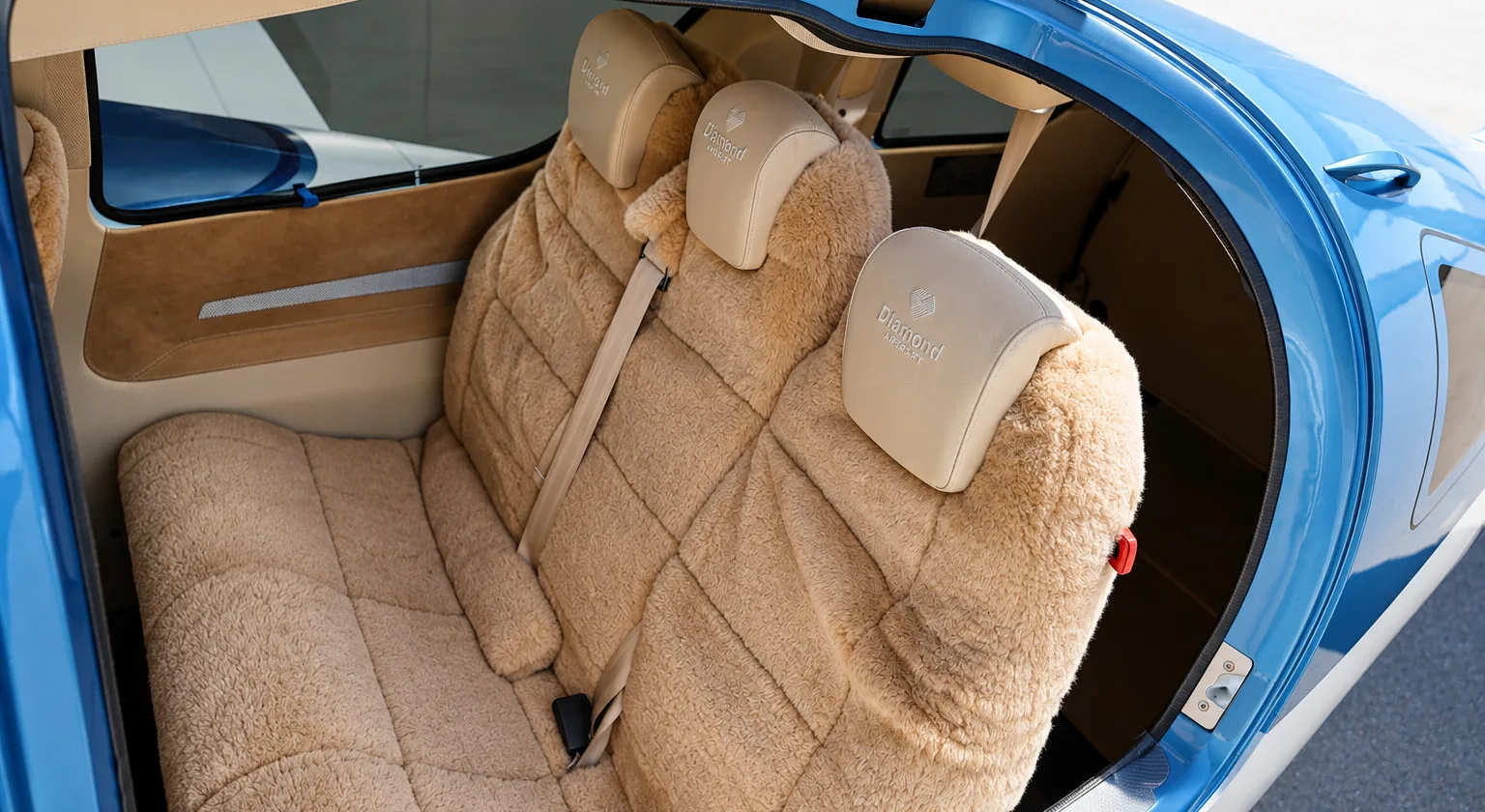 The rear cabin seats of the aircraft, upholstered in a light brown, textured material.