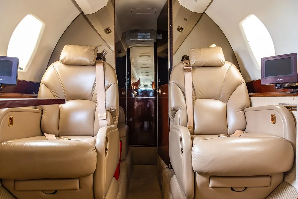 Interior view of the Citation X cabin with leather seats.