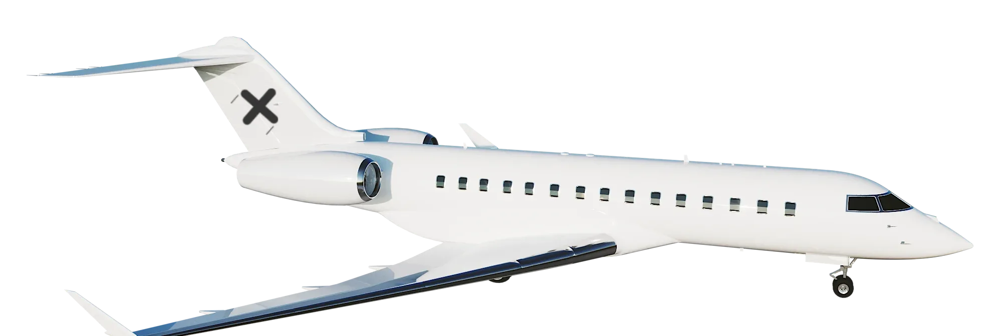 A rendering of a white Bombardier Global Express business jet against a black background.