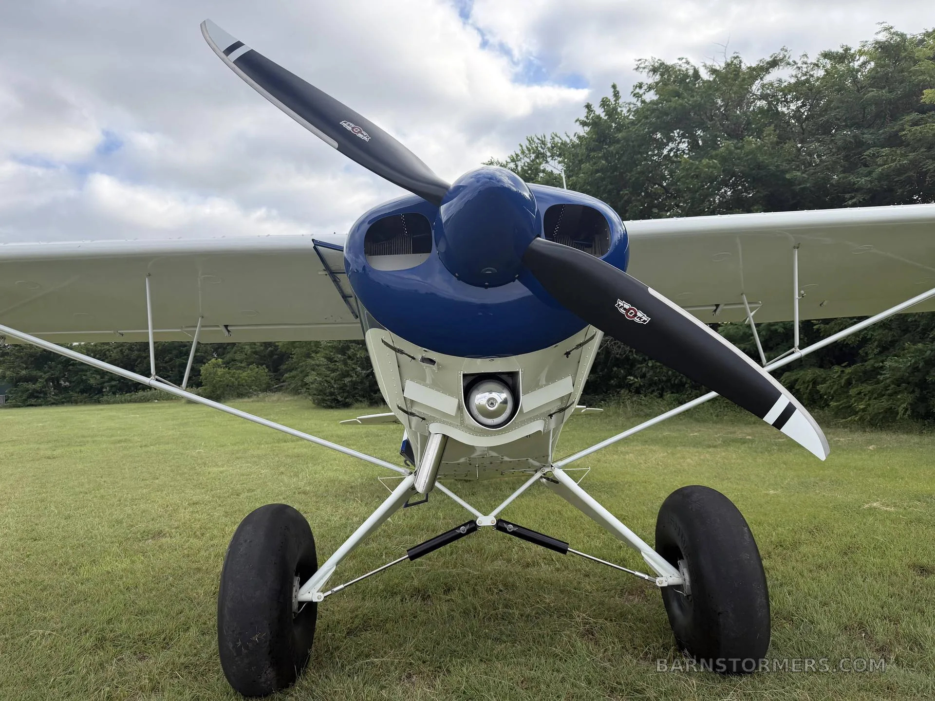 A front view of a blue and white single-engine bush plane with a large propeller and big tires, on a grassy field.
