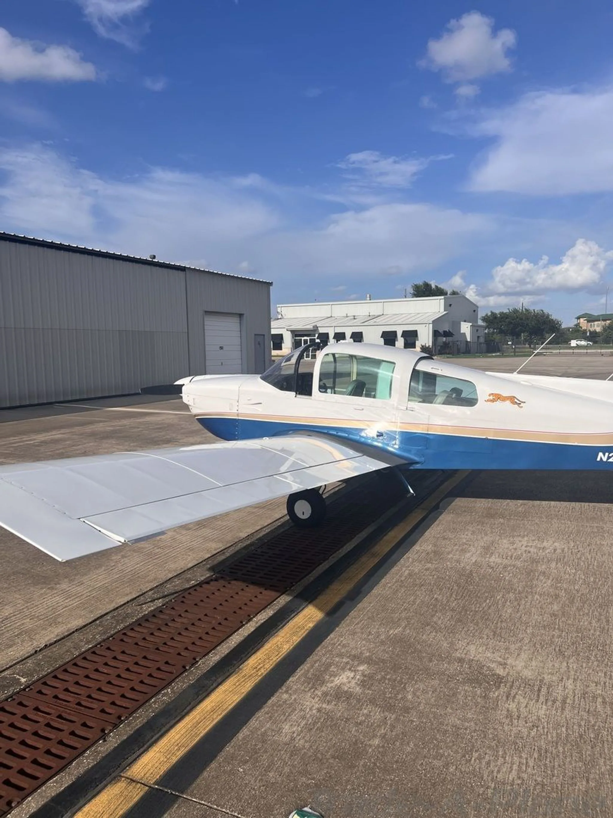 A rear view of the aircraft highlighting its tail.