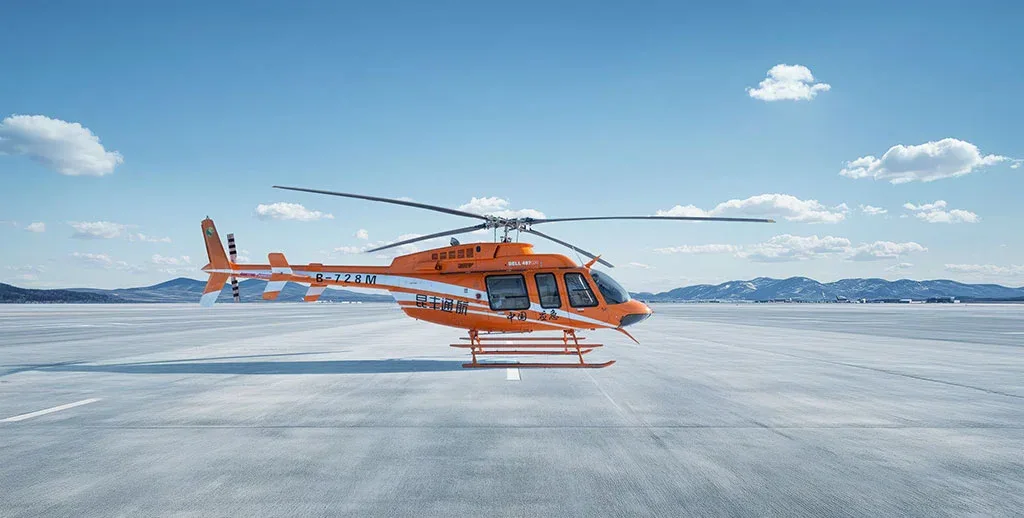 An orange and white Bell 407 helicopter with registration B-728M sits on a snowy airfield under a clear blue sky.