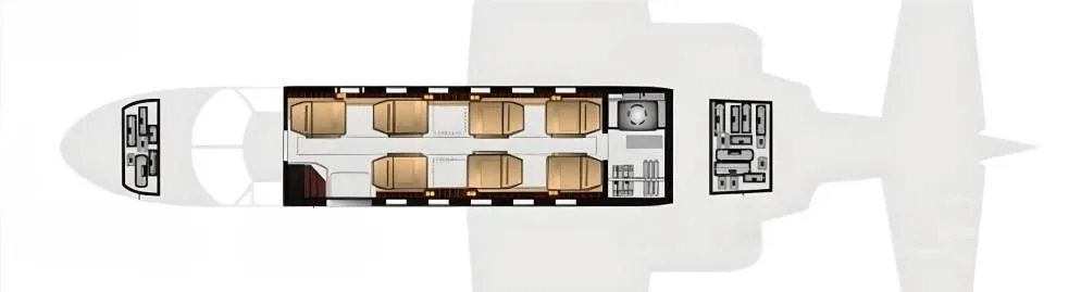 A top-down diagram showing the interior cabin layout with seating, galley, and lavatory, along with external components.