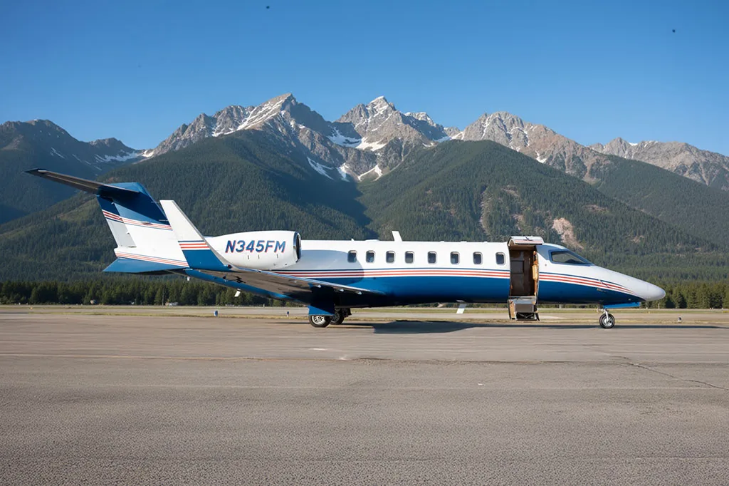 A white and blue Learjet 60, registration N345FM, parked on an airfield with mountains in the background.