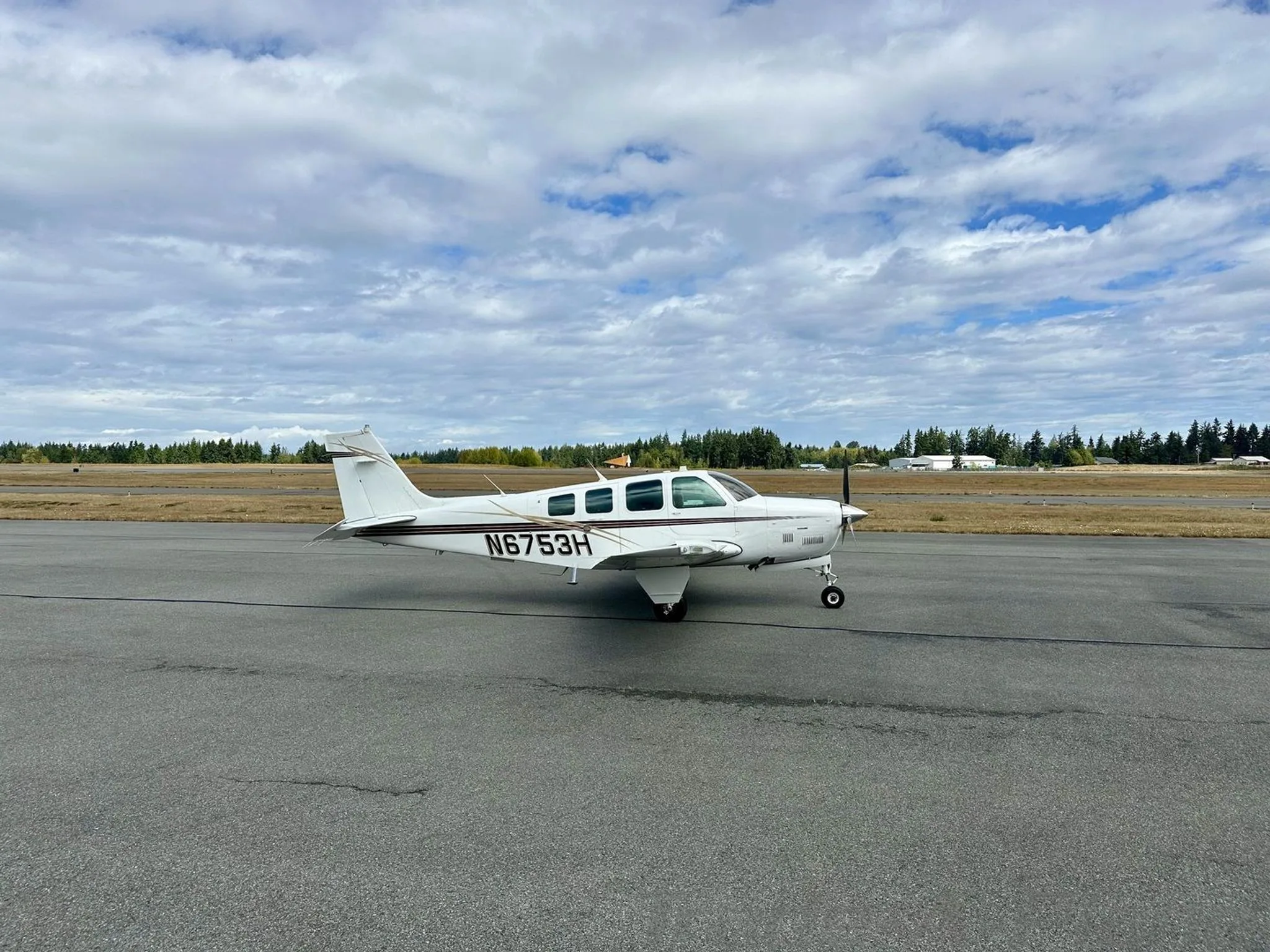 Another angle of the Beechcraft B36TC Bonanza on the ground.
