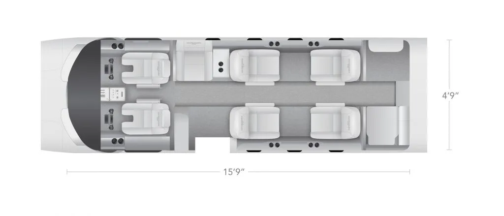 A top-down diagram showing the layout of an aircraft cabin with seating arrangements and dimensions.