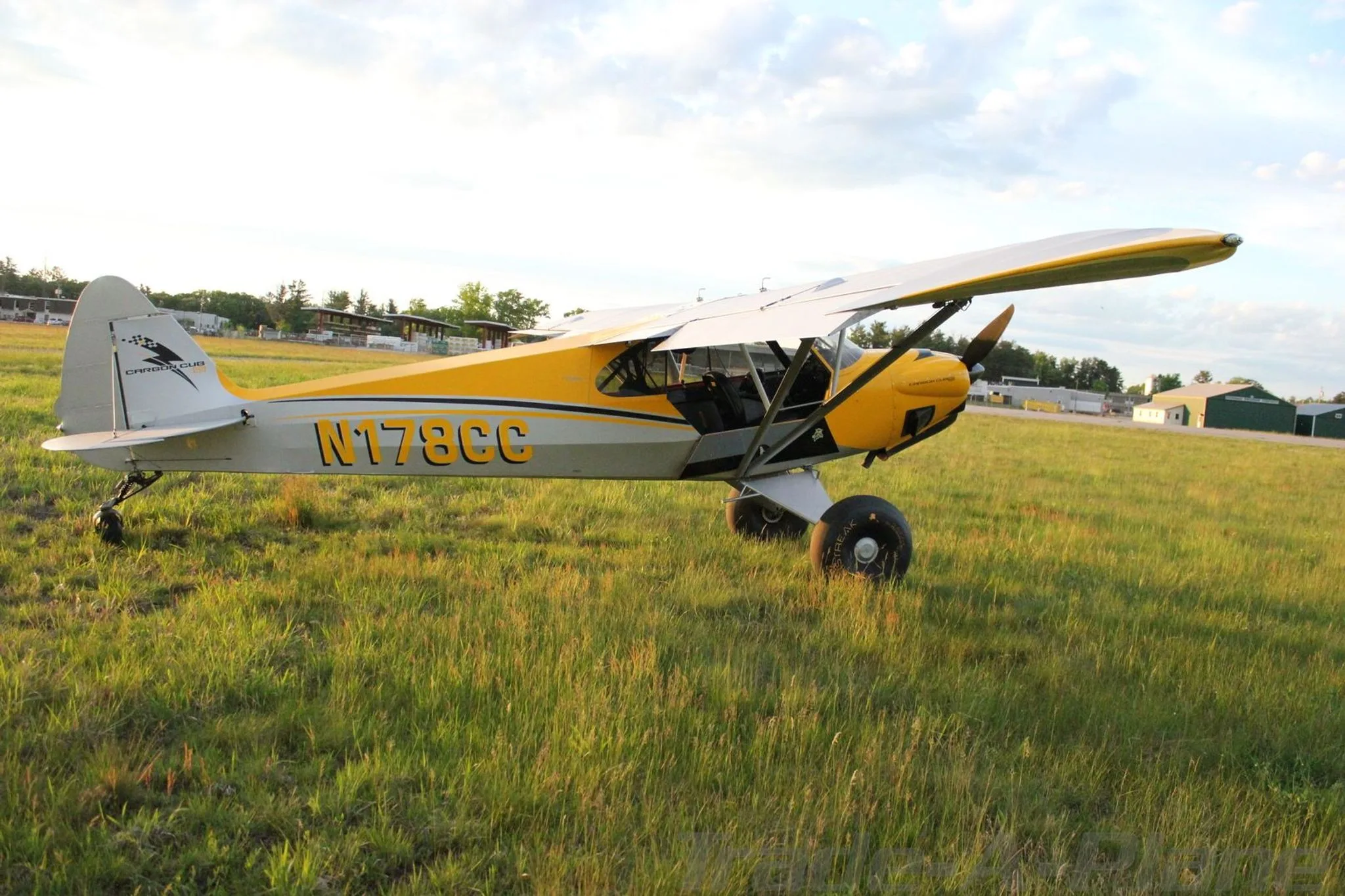A side view of a yellow and grey Carbon Cub aircraft, N178CC, with large tundra tires, parked on a grassy field.