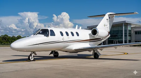 A white Cessna Citation business jet with a brown stripe is parked on an airport tarmac under a blue sky.