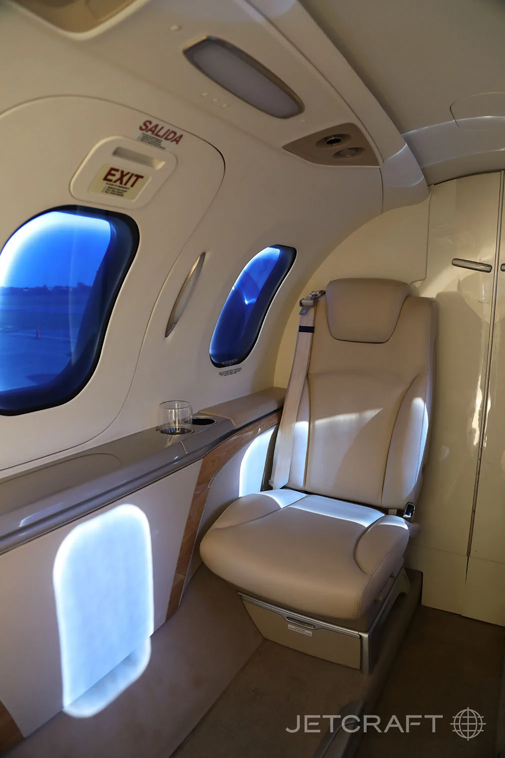 A beige leather passenger seat is visible inside the private jet cabin, next to a window and an 'EXIT' sign.