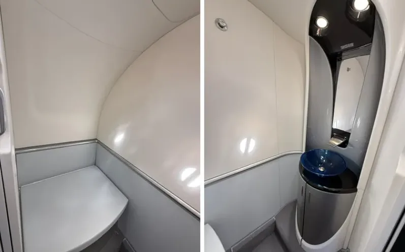 A split image showing the compact lavatory of a HondaJet HA-420, with a toilet on the left and a sink with a blue bowl on the right.