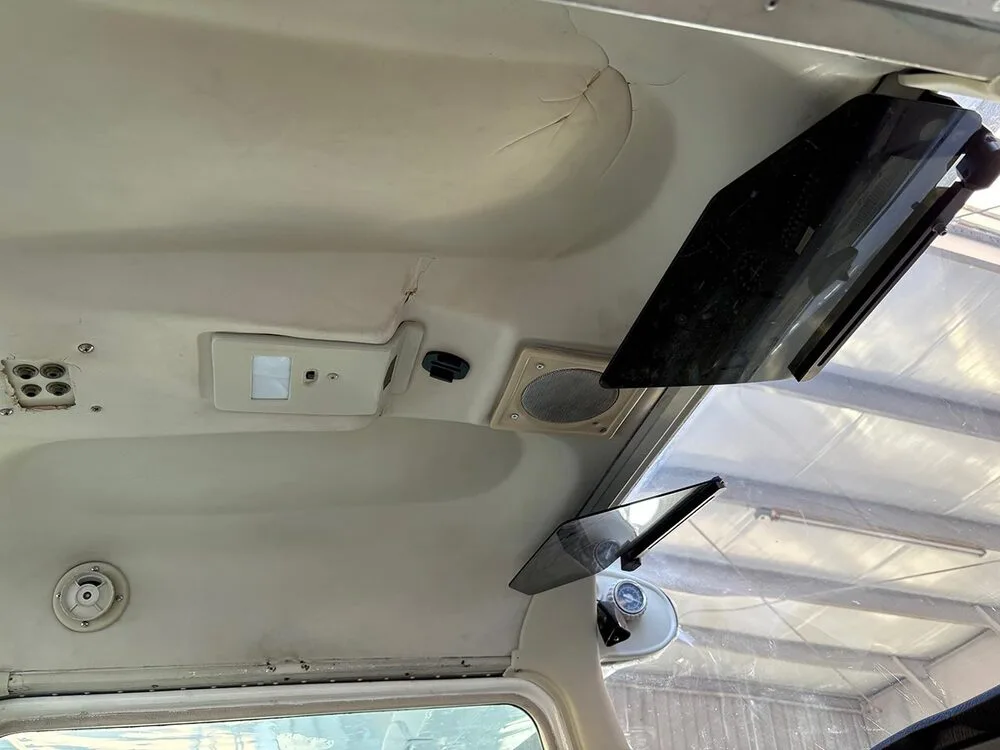 The cream-colored ceiling of the aircraft cabin with sun visors and overhead lights.