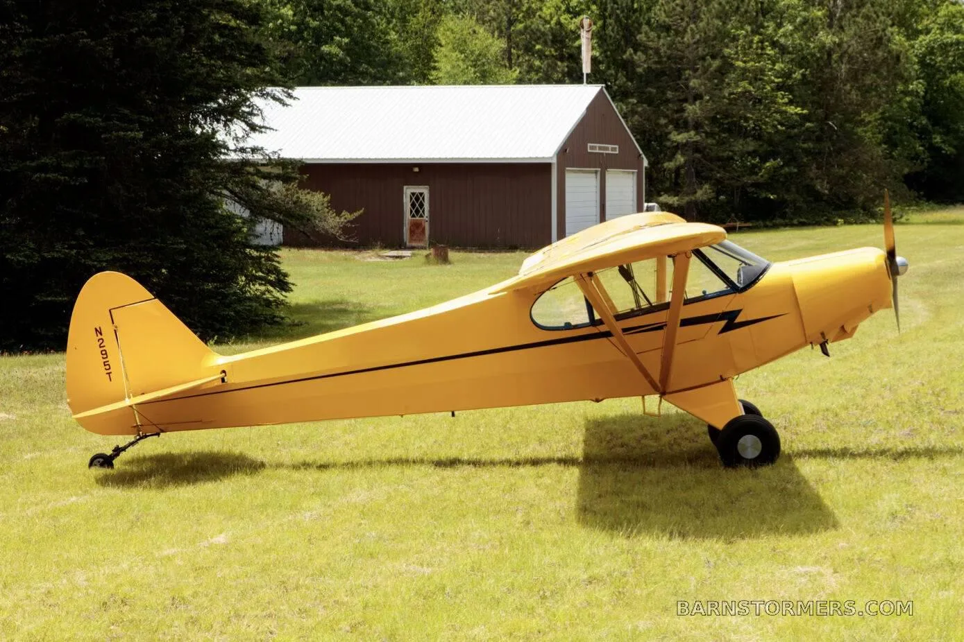 A yellow high-wing taildragger aircraft with a black lightning bolt stripe parked on a grassy field in front of a hangar.