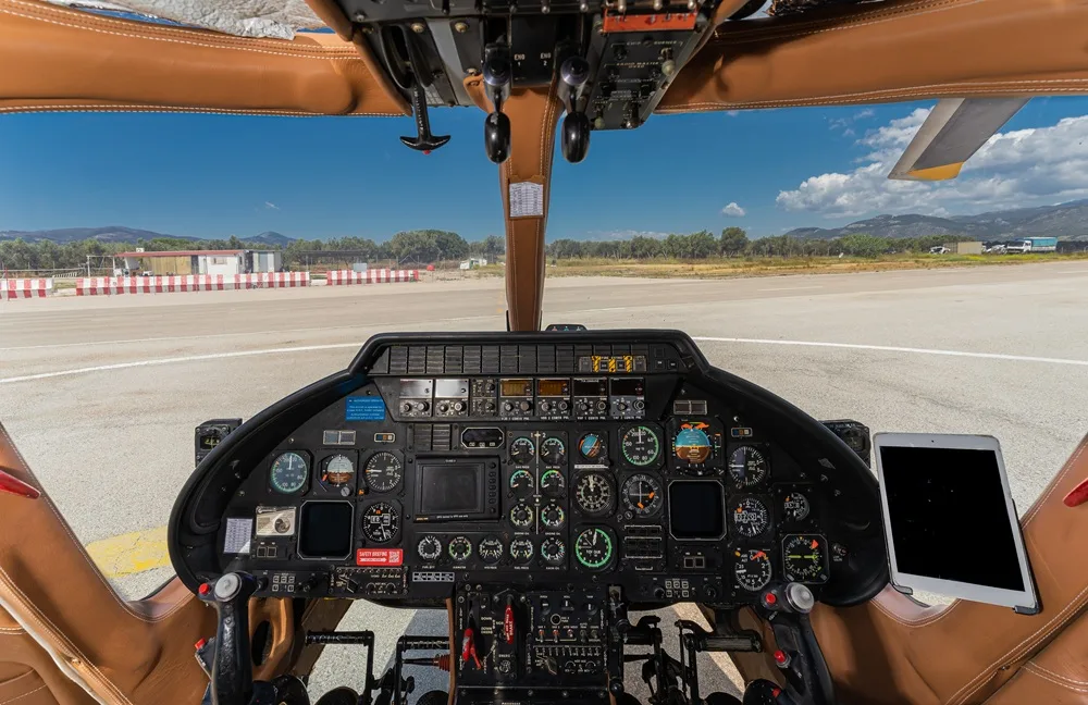 View of the helicopter cockpit instrument panel.