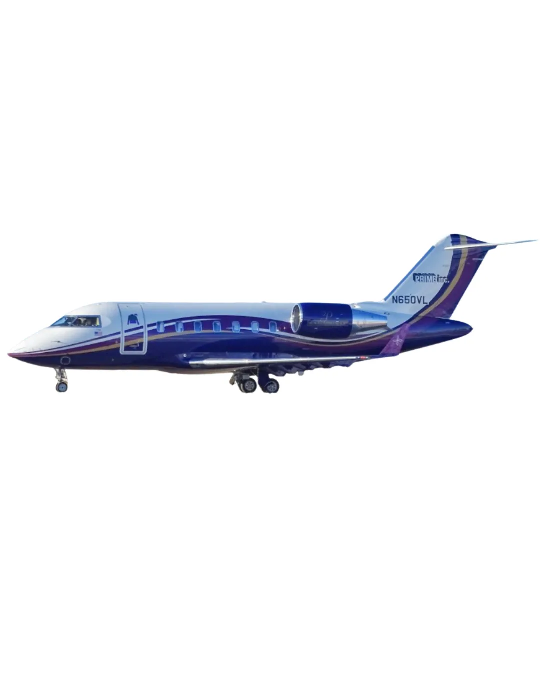 A Bombardier Challenger 650 business jet with a blue and purple livery, registration N650VL, seen from the side.