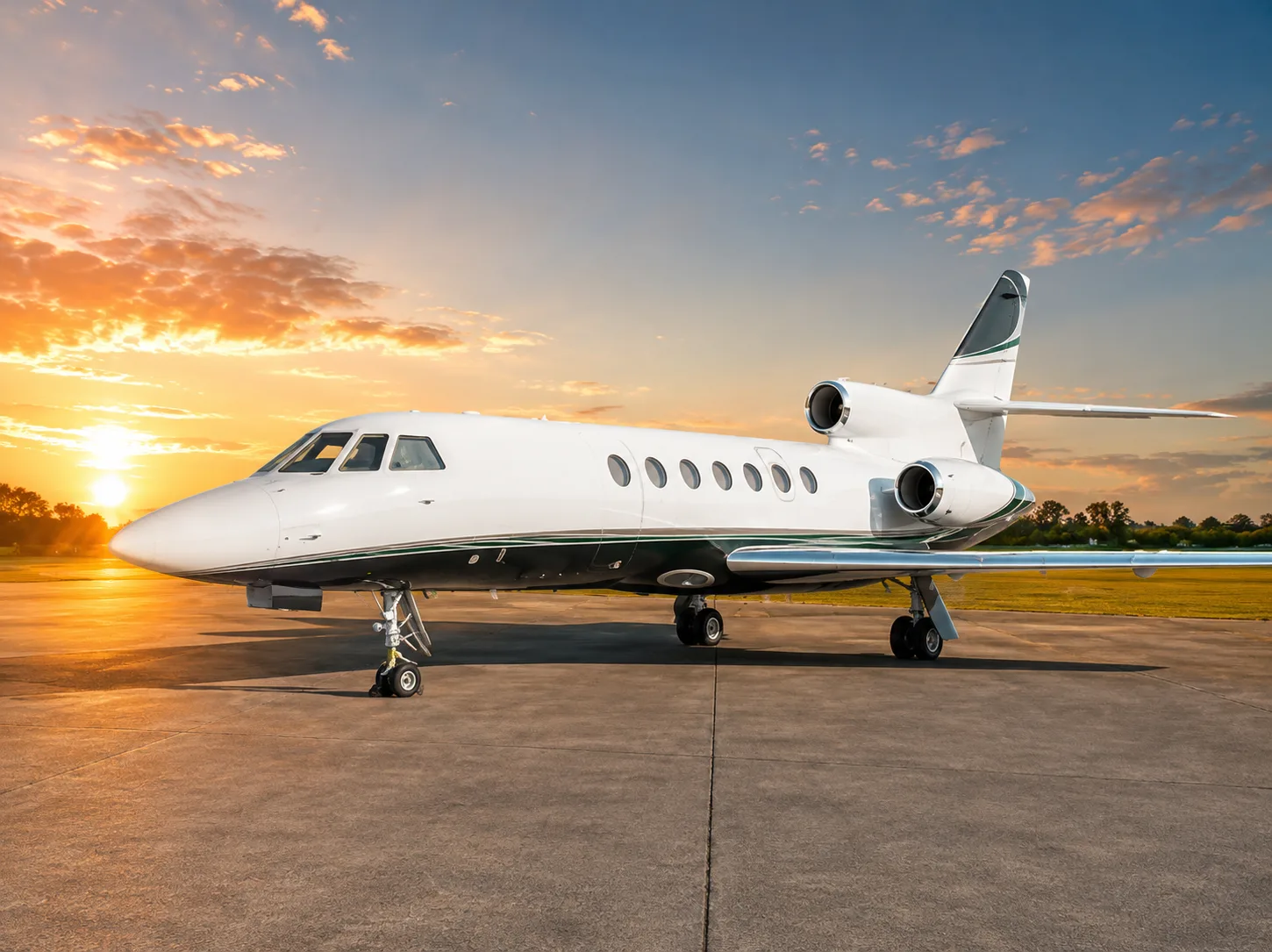 A white private jet with dark green accents is parked on an airfield at sunset.