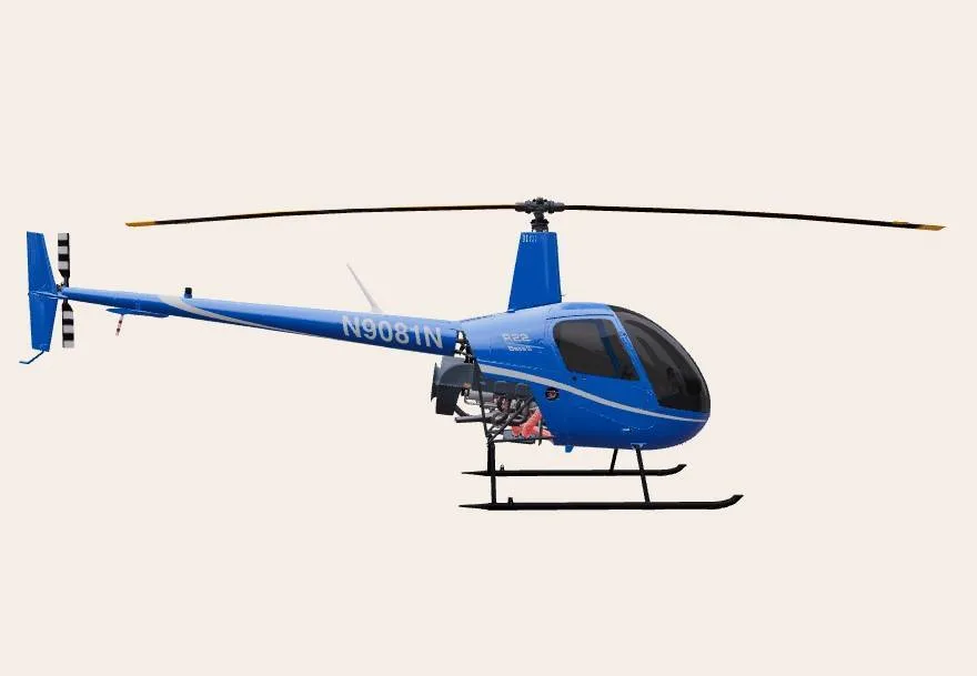 A blue Robinson R22 helicopter with registration N9081N, viewed from the left side, against a plain background.
