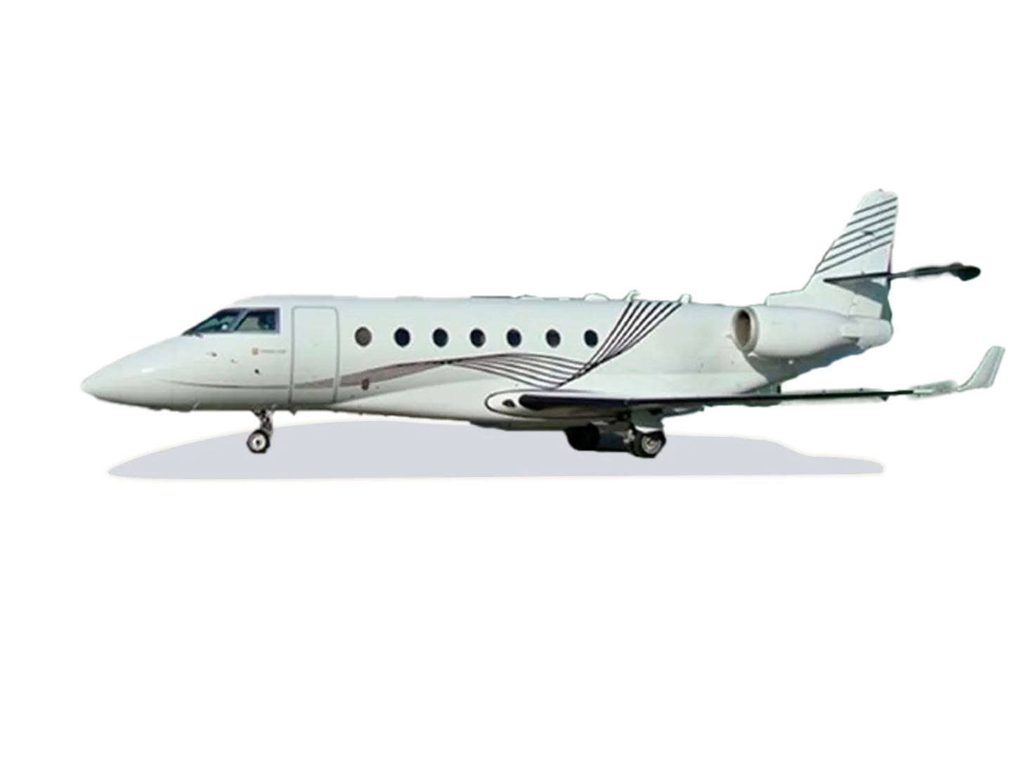 A white business jet with black curved stripes on the fuselage and tail, viewed from the side on the ground.