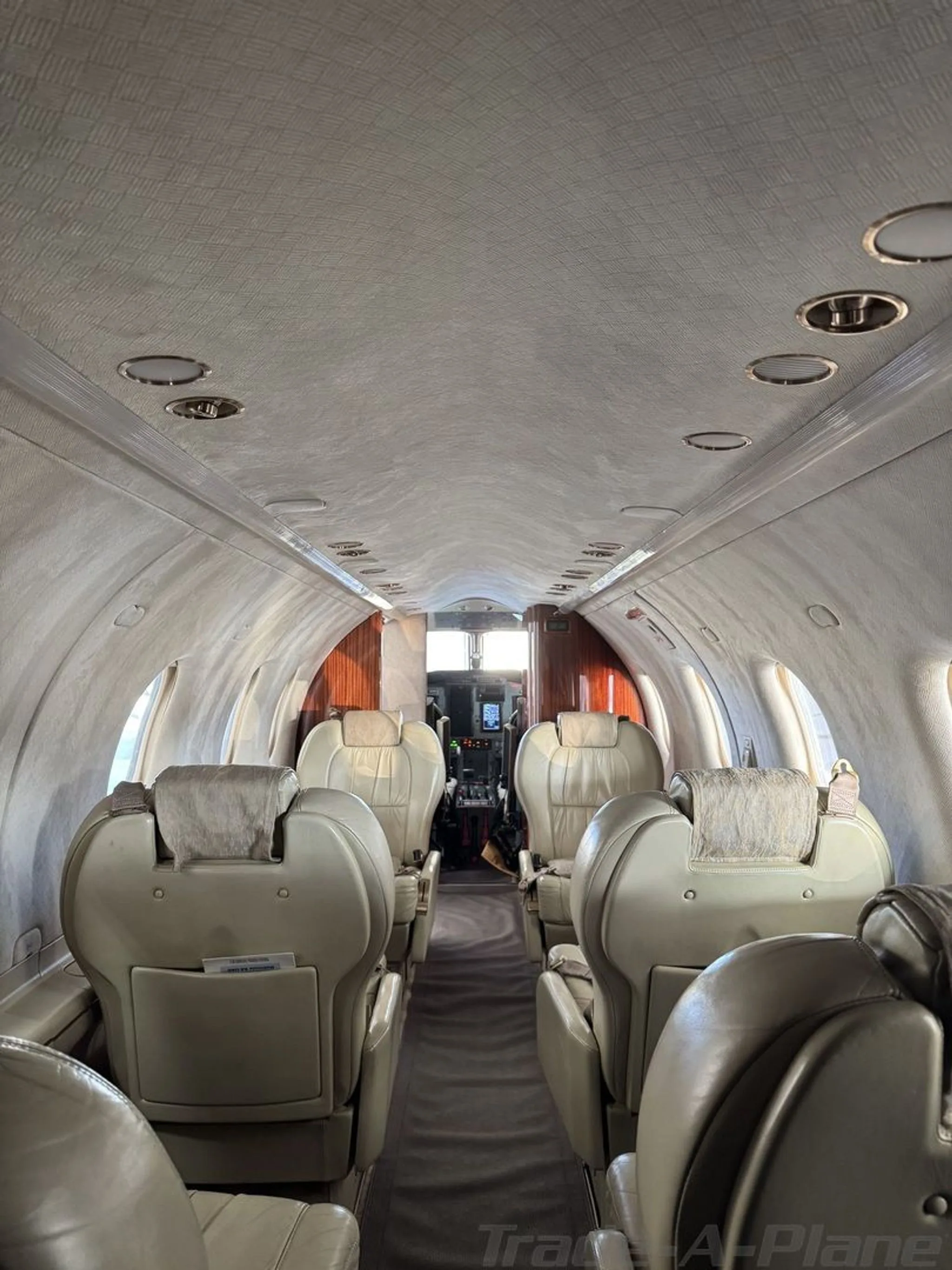 The aircraft cabin interior with light-colored leather seats arranged in a club configuration, looking towards the cockpit.