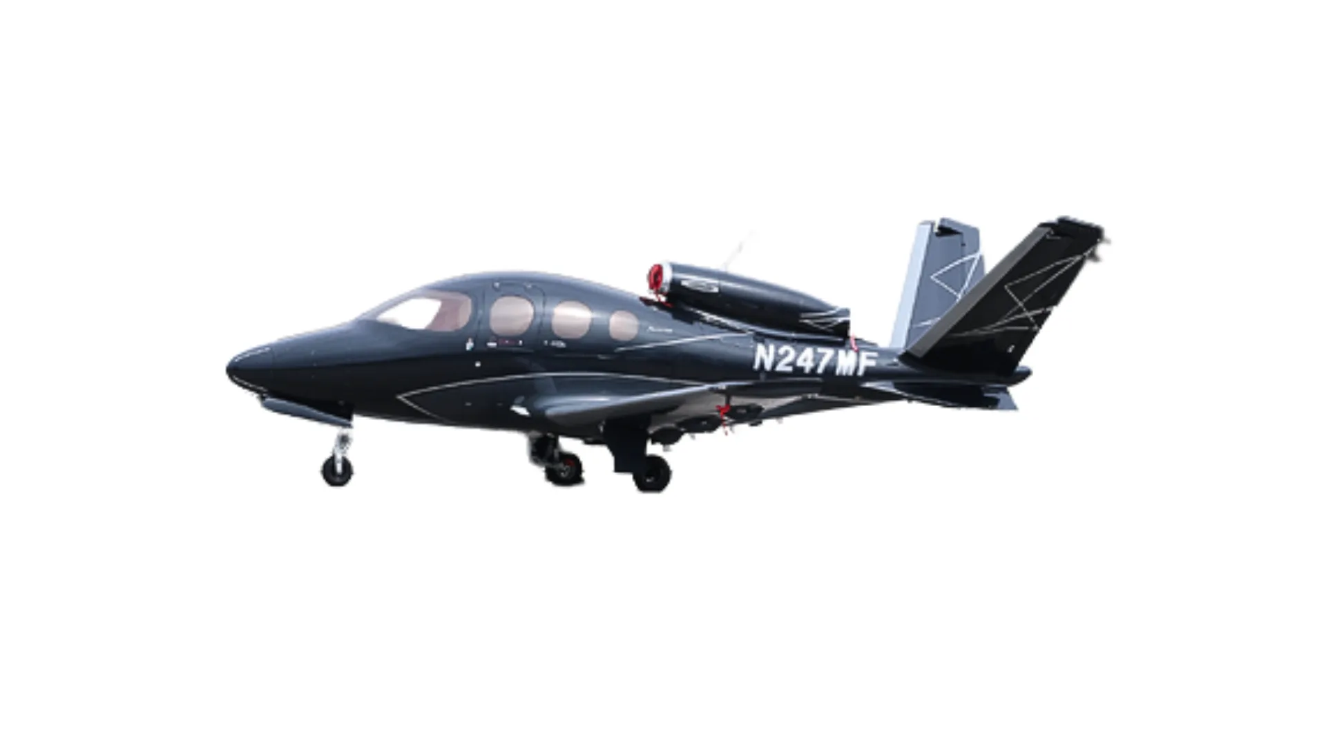 A black Cirrus Vision Jet (SF50) with registration N247MF is shown from the side on the ground, featuring a geometric pattern on its V-tail.
