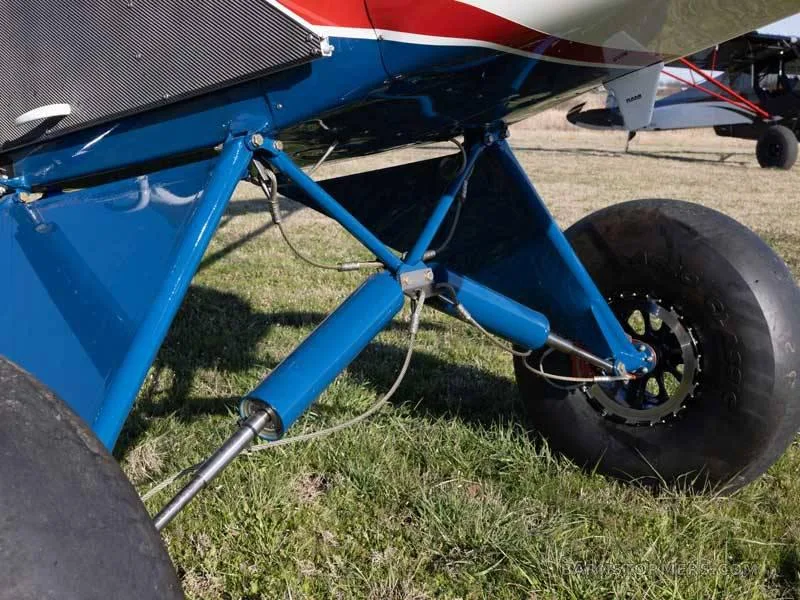 A close-up view of the blue landing gear struts and large black tundra tires of the Piper Super Cub on a grassy surface.