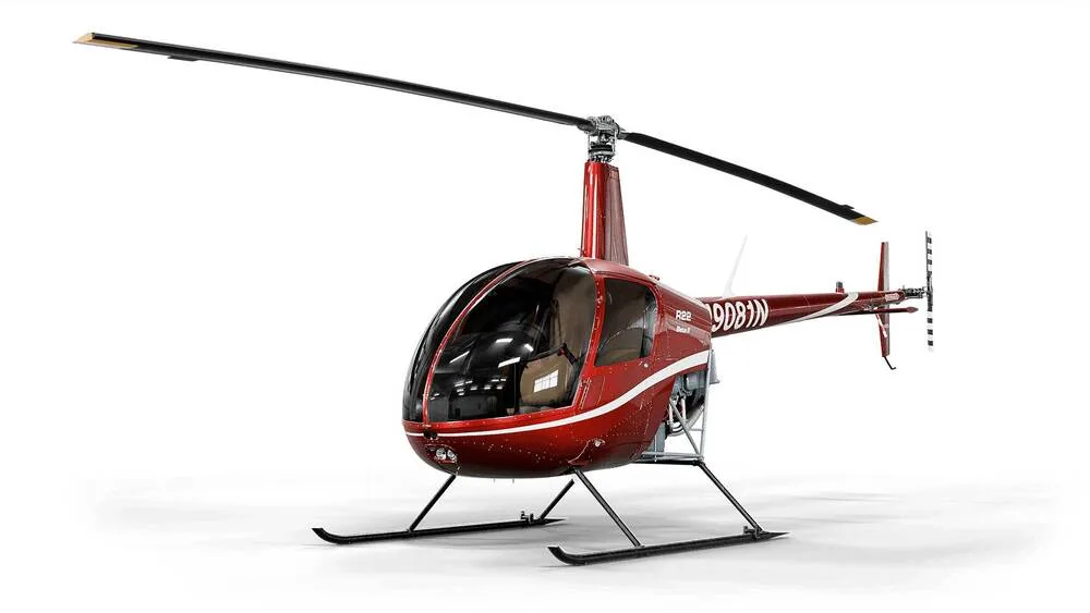 A red Robinson R22 Beta II helicopter with white stripes and registration N908JN, viewed from the front-right on a white background.