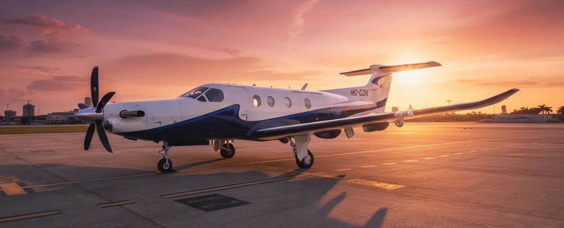 A white and blue Pilatus PC-12 turboprop aircraft is parked on an airport tarmac at sunset.