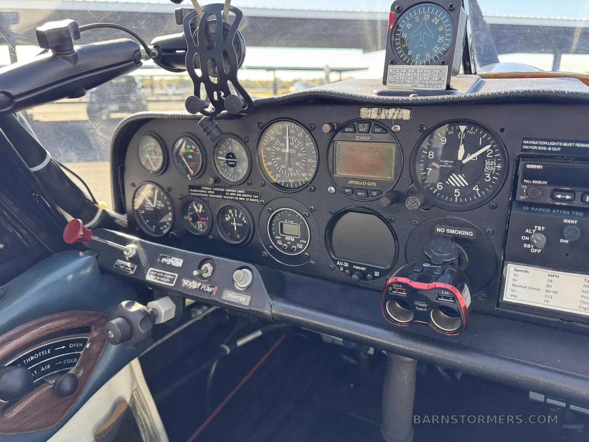The instrument panel of a Super Decathlon aircraft, showing various gauges, an Apollo GPS, and an AV-30.