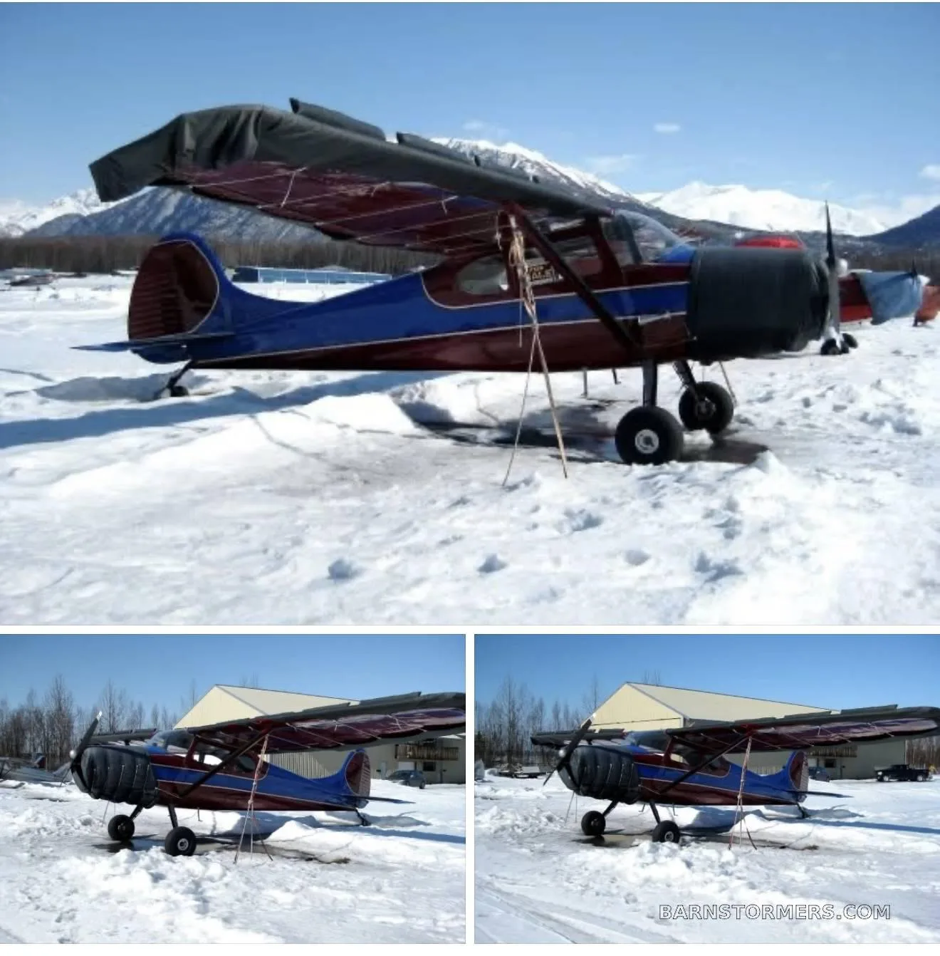 A collage of three photos showing a red and blue high-wing aircraft on wheels in a snowy environment, with and without engine and wing covers.