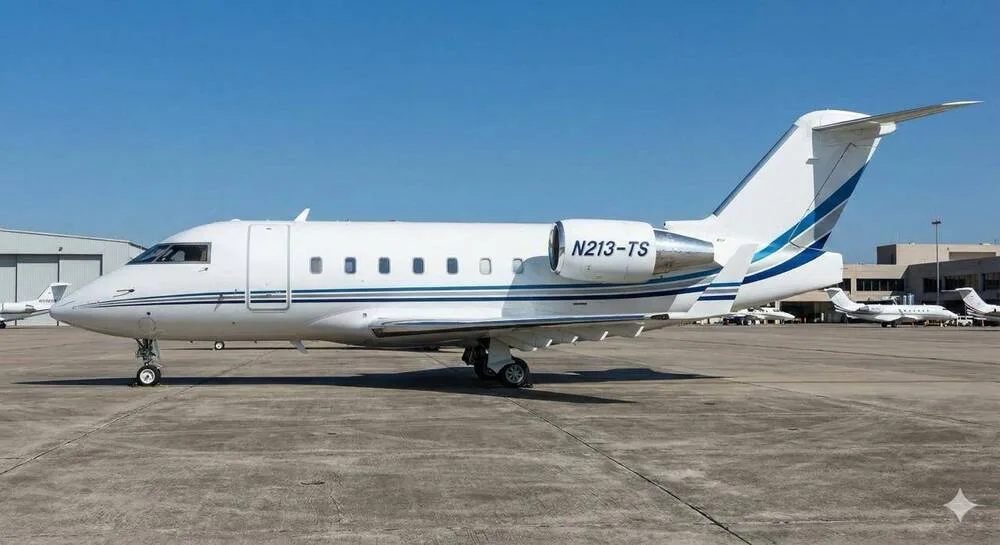 Side profile of the N213-TS business jet, featuring its white paint scheme with blue and grey stripes.