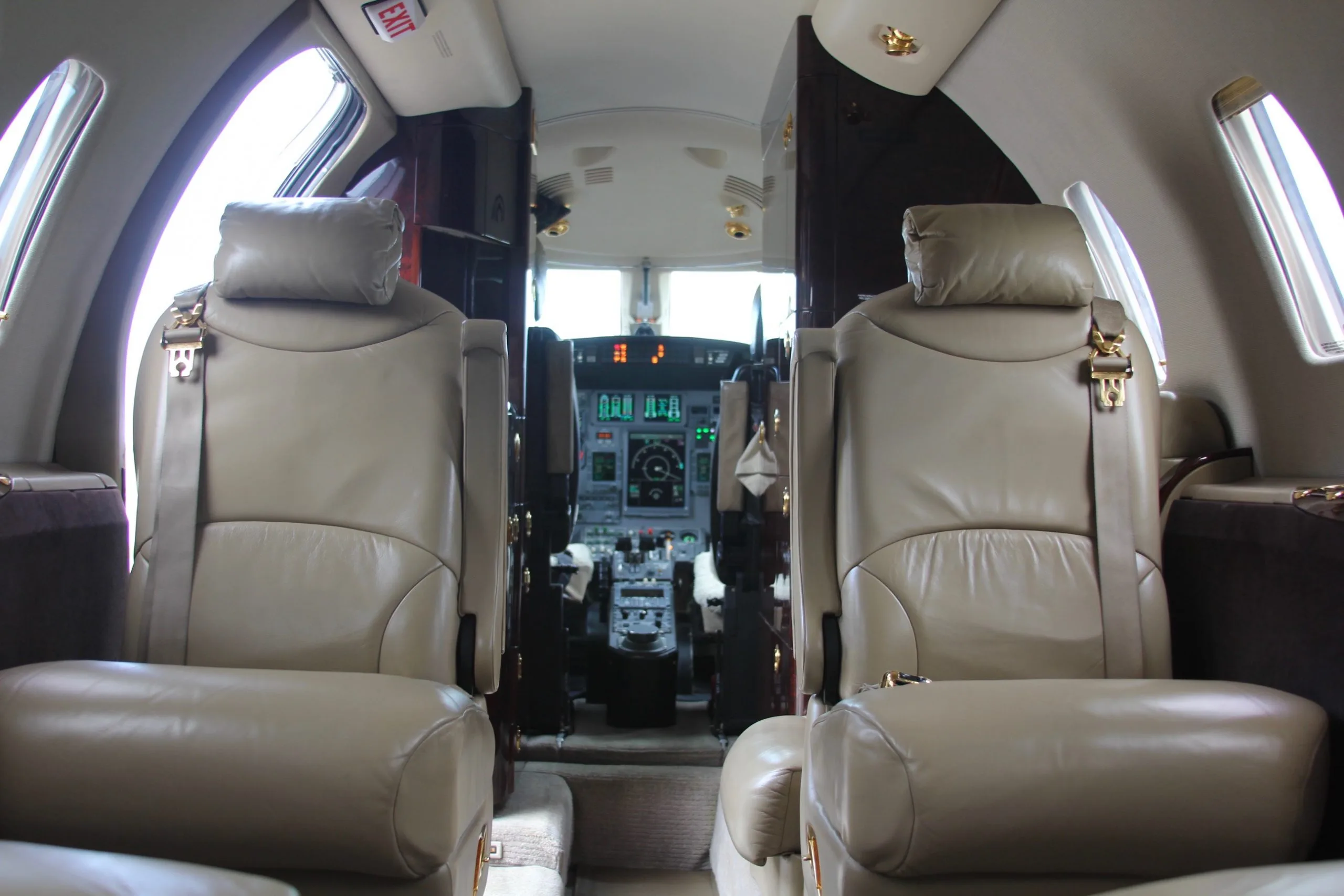 View of the aircraft interior looking towards the cockpit.