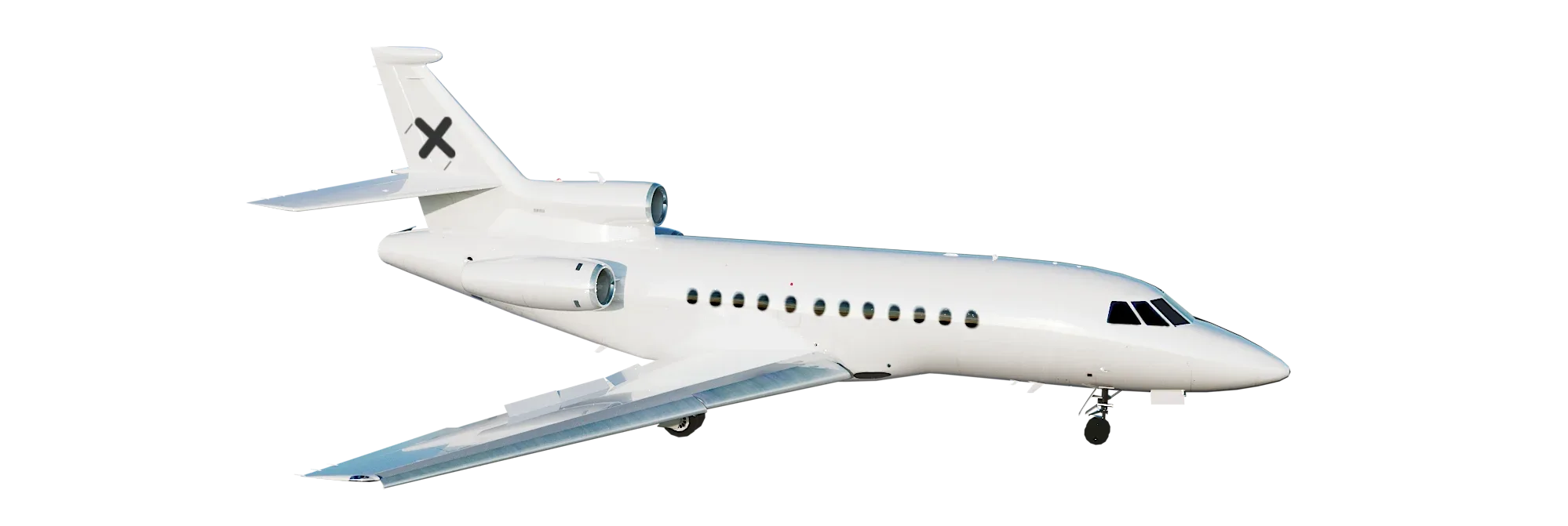 A rendering of a white Dassault Falcon business jet against a black background.