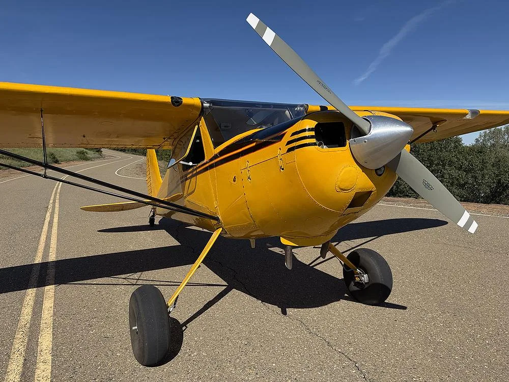 Close-up front view of the yellow high-wing aircraft, showing the propeller, engine cowling, and black stripe details.