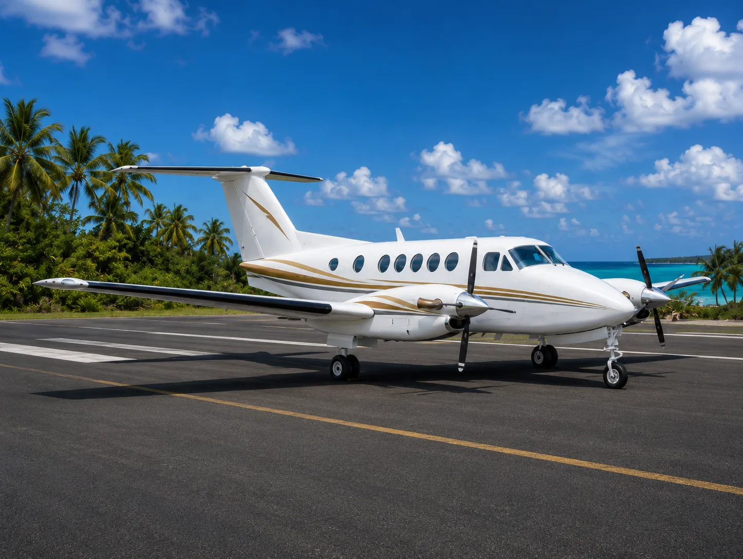 A white Beechcraft King Air with gold and black stripes is parked on an asphalt runway with palm trees and a blue ocean in the background under a partly cloudy sky.