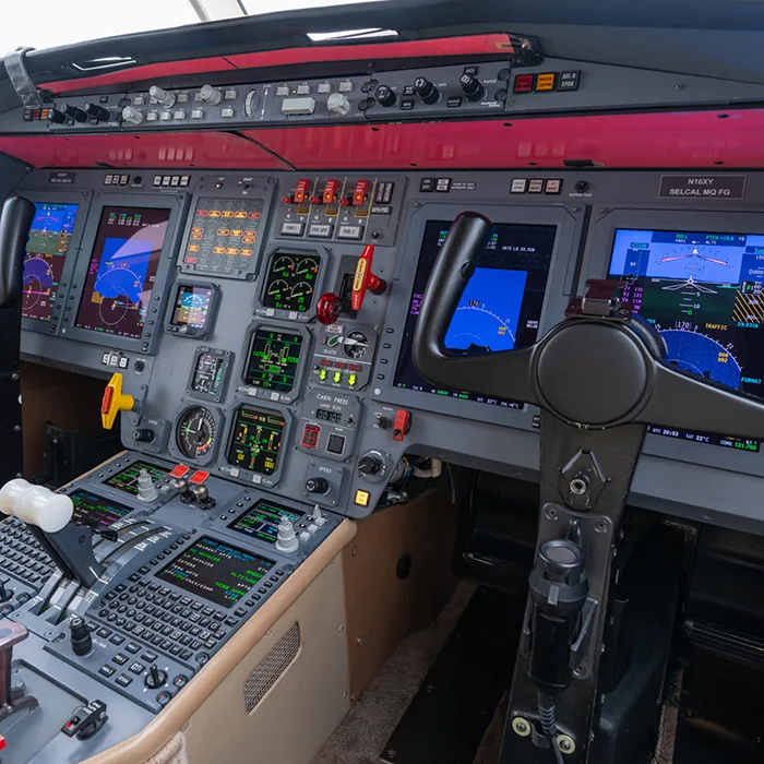The aircraft cockpit features a full suite of avionics and controls.