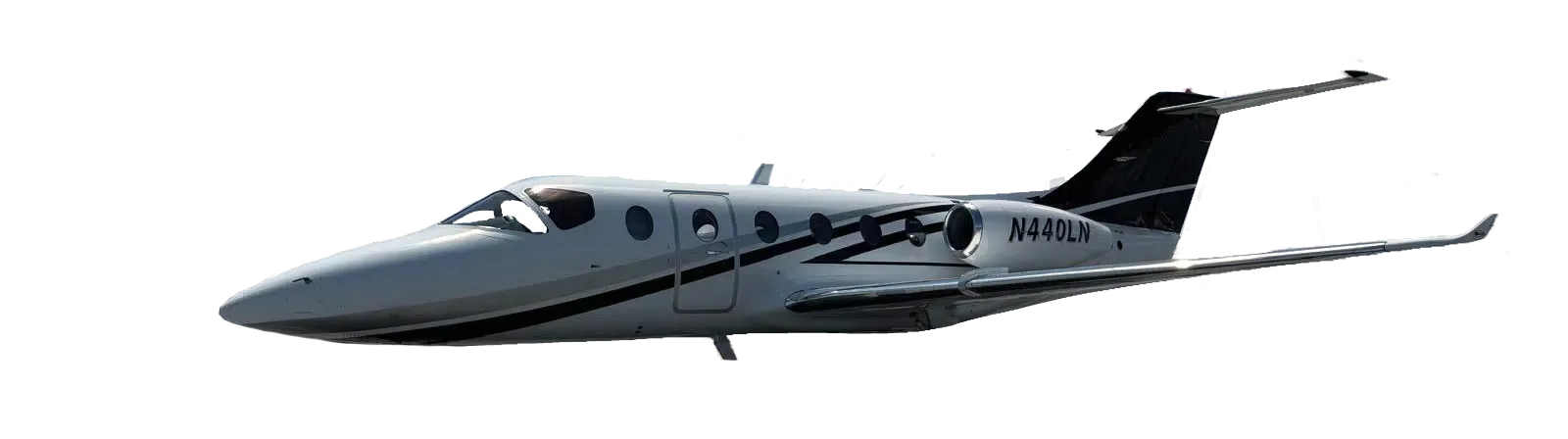 Side view of a gray jet aircraft with black accents, registration N440LN.