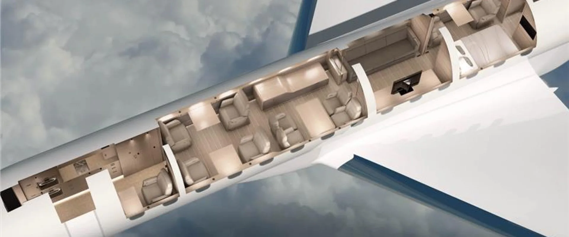 A cutaway rendering of a private jet's luxurious interior layout, showing multiple cabin zones, flying above clouds.