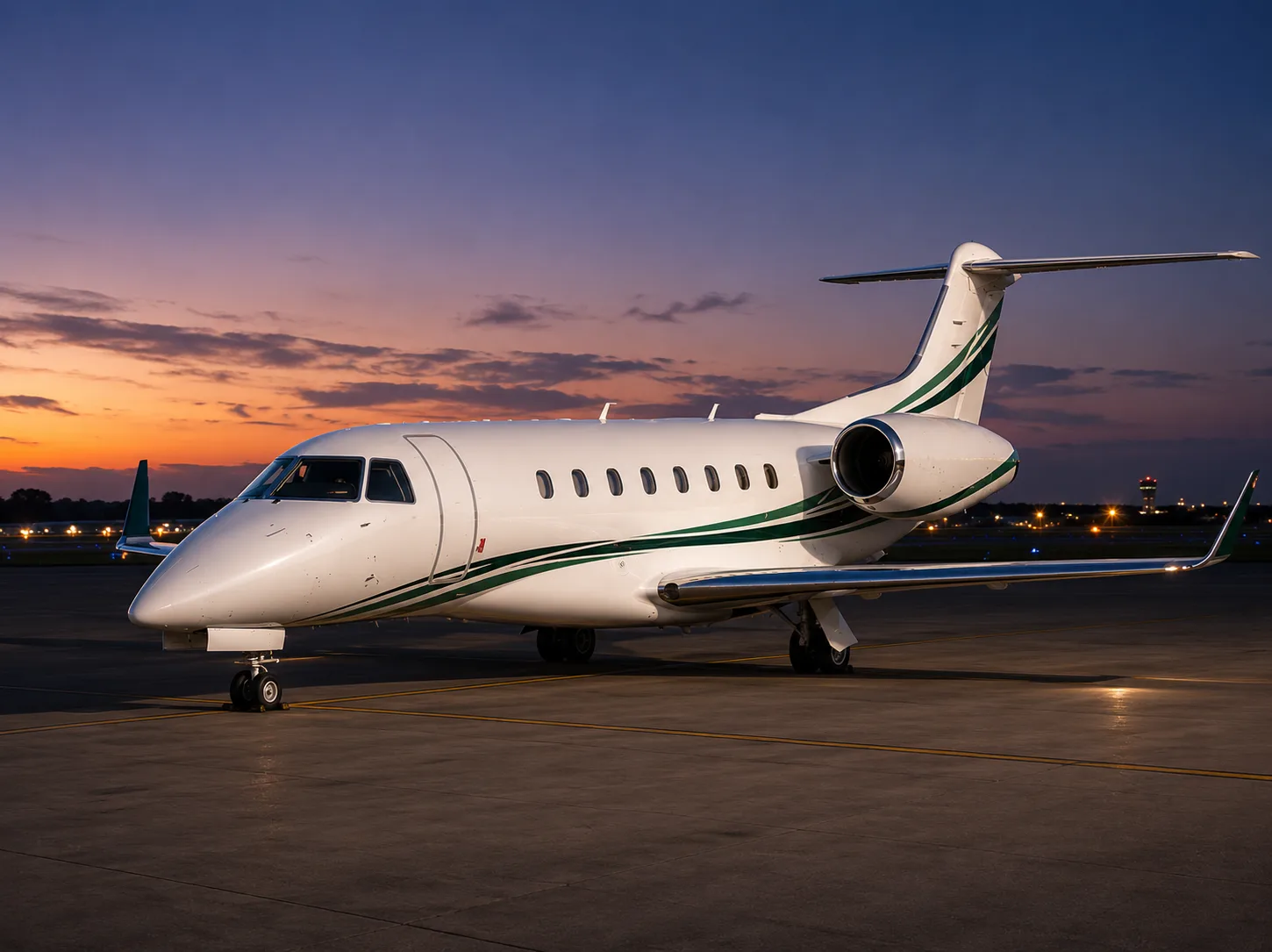 A white Embraer business jet with green stripes is parked on a tarmac at sunset.