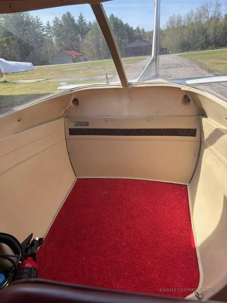 The aircraft's rear cabin area with a bright red carpet and beige side panels.