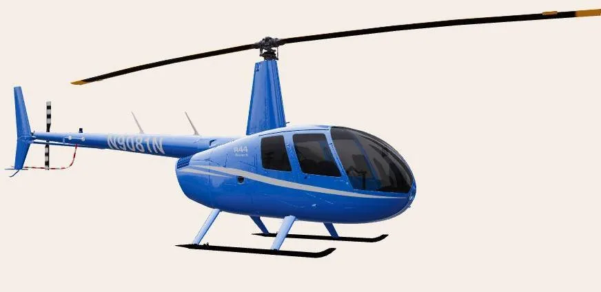 A blue Robinson R44 helicopter with registration N9081N, viewed from the front-left side.