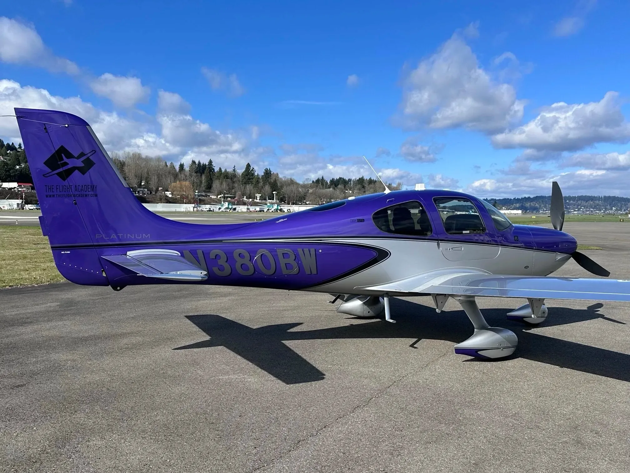 A three-quarter rear view of the purple and silver Cirrus SR22 aircraft, N380BW, parked on an airport tarmac.