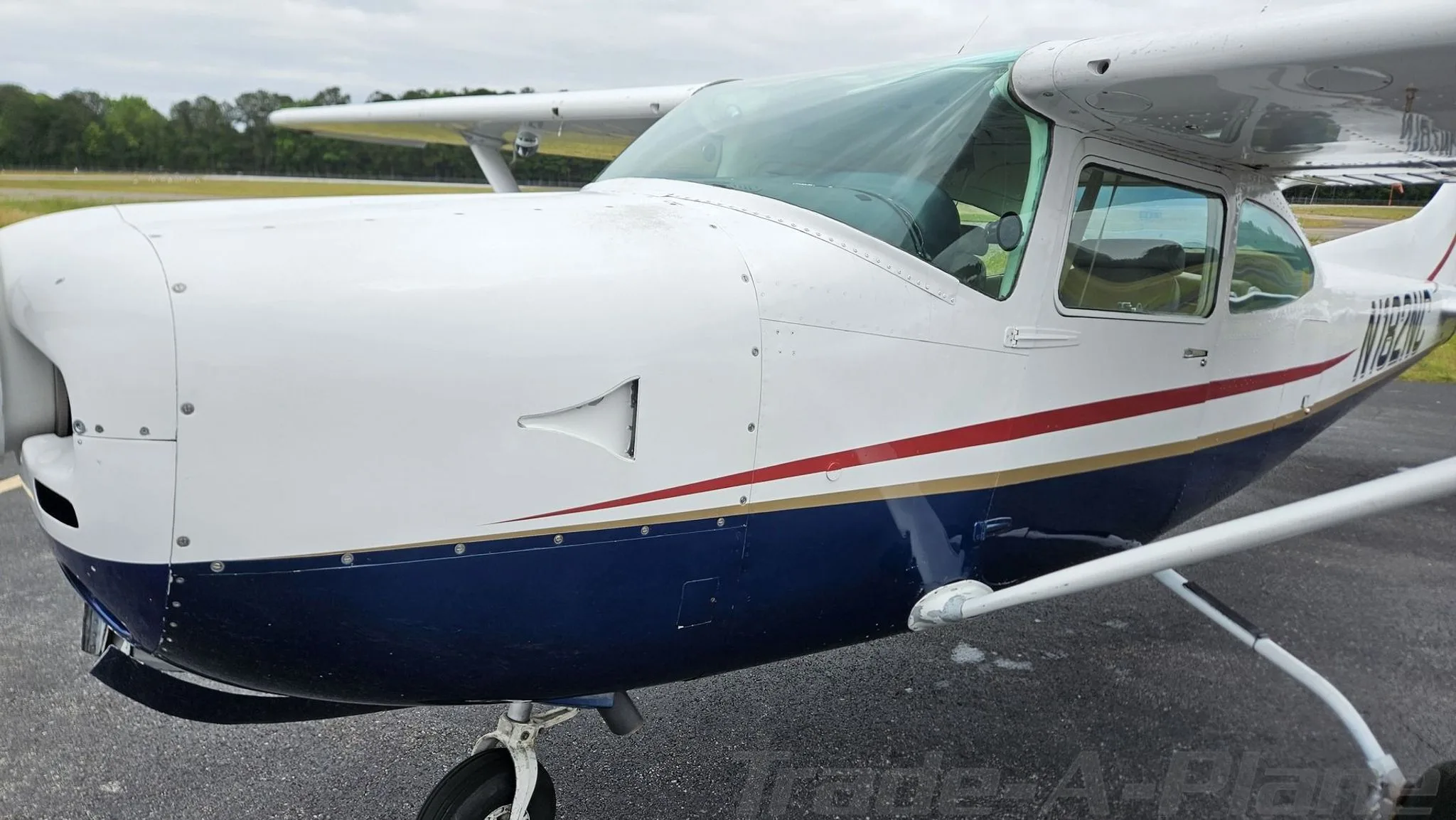 A close-up view of the front fuselage and engine cowling of the white and blue Cessna 182.